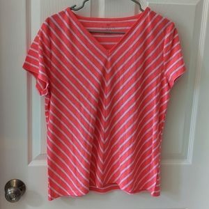 Talbots Women's V-neck Shirt Pink/White Stripe L Petite